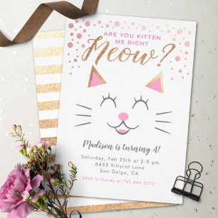 Kitty Cat Pink Gold Birthday Party Invitation