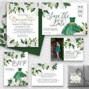 Emerald Greenery White Peony Quinceanera Princess  RSVP Card