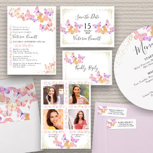 Butterfly Skies Coral Pink Gold Confetti RSVP Card