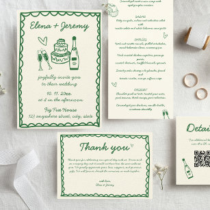 Hand Drawn Scribble Vintage Green French Wedding Thank You Card