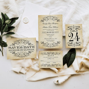 Vintage Rustic Black Flourish Parchment Wedding Invitation