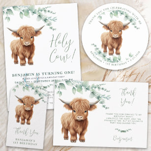 Highland Cow Greenery Farm Animals Kids Birthday Thank You Card
