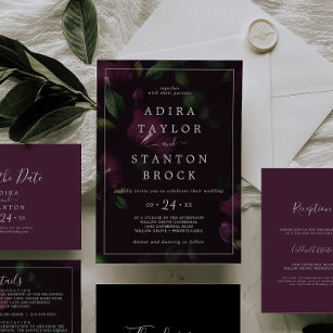 Moody Purple Blooms   Black Pattern Wedding Invitation