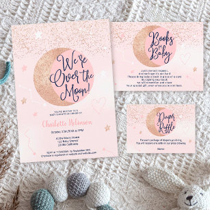Pink gold glitter over the moon girl baby shower  invitation