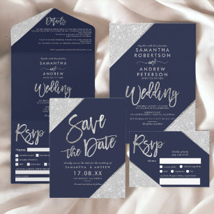 Chic silver glitter typography navy blue wedding  all in one invitation