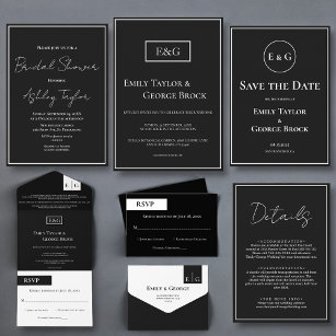 Modern Black And White Monogram Elegant Wedding All In One Invitation