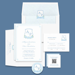 Watercolor Blue White Hydrangea Wedding Crest Square Sticker
