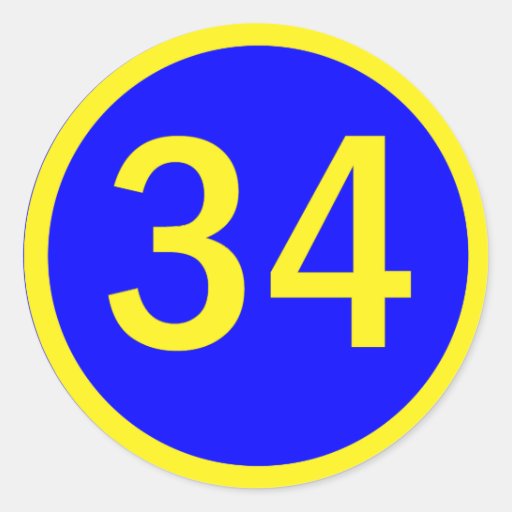 number 34 in a circle round sticker