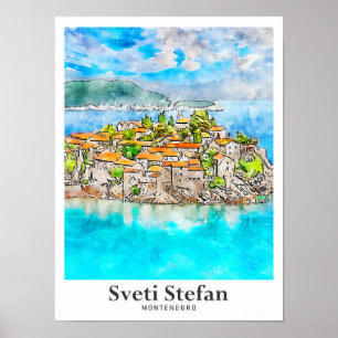Sveti Stefan Montenegro Travel Watercolor Poster