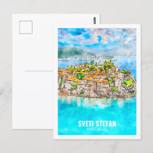 Sveti Stefan Montenegro Travel Watercolor Sketch Postcard