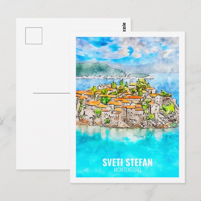 Sveti Stefan Montenegro Travel Watercolor Sketch Postcard (Front/Back)