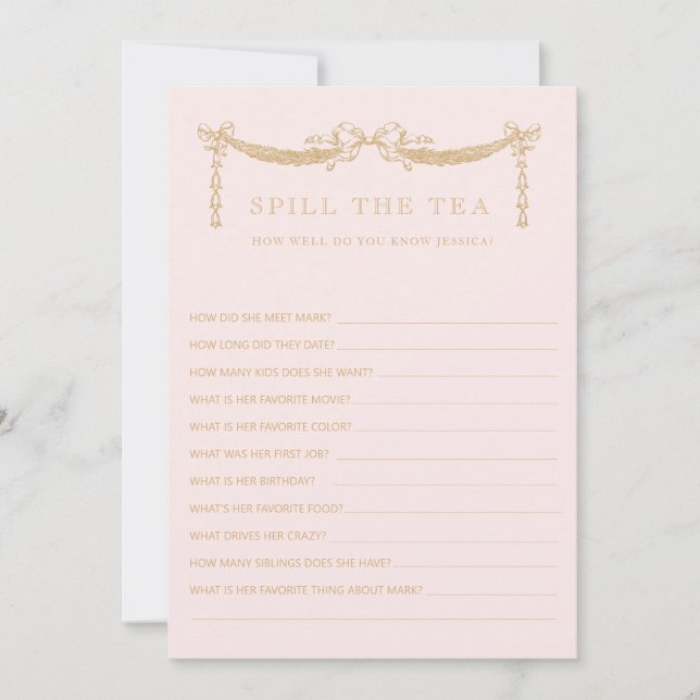 Swag w| Bows | Spill the Tea  Bridal Shower Game Invitation (Front)