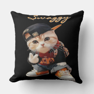 Swaggy Hip-Hop Cat Throw Pillow Cover for Kids