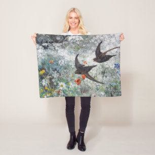 Swallow and Flower Field, Bruno Liljefors Fleece Blanket