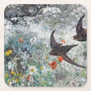 Swallow and Flower Field, Bruno Liljefors Square Paper Coaster