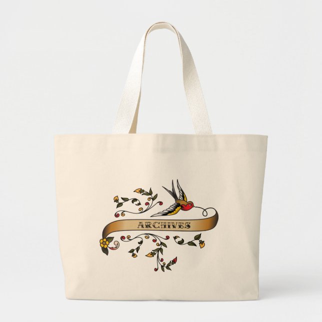 Swallow and Scroll with Archives Large Tote Bag (Front)