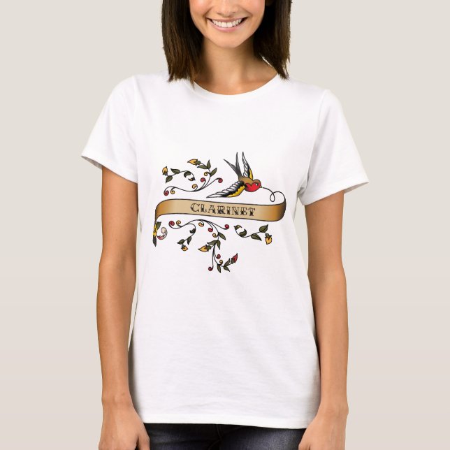 Swallow and Scroll with Clarinet T-Shirt (Front)