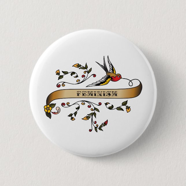 Swallow and Scroll with Feminism 6 Cm Round Badge (Front)
