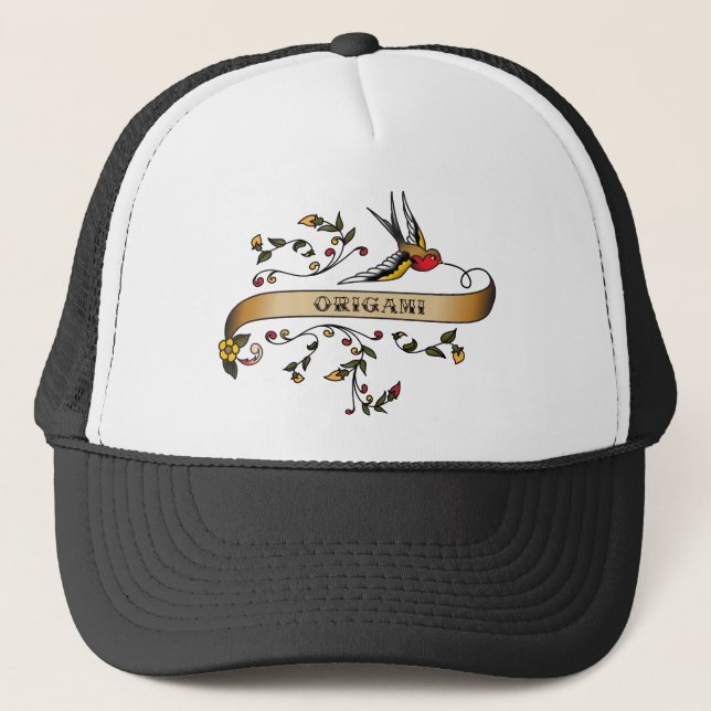 Swallow and Scroll with Origami Trucker Hat (Front)