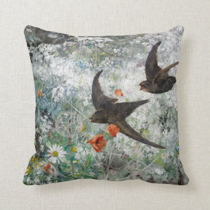 Swallow Bird Wildflower Meadow Floral Throw Pillow