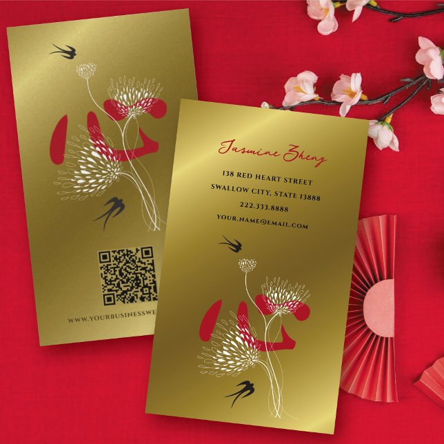 Swallow Birds & Chinese Heart Oriental Floral Gold Business Card (Swallow Birds & Chinese Heart Oriental Floral Gold Business Card @ fat_fa_tin)