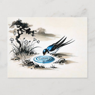 Swallow Drinking Water in a Stream in Chinese Ink  Postcard