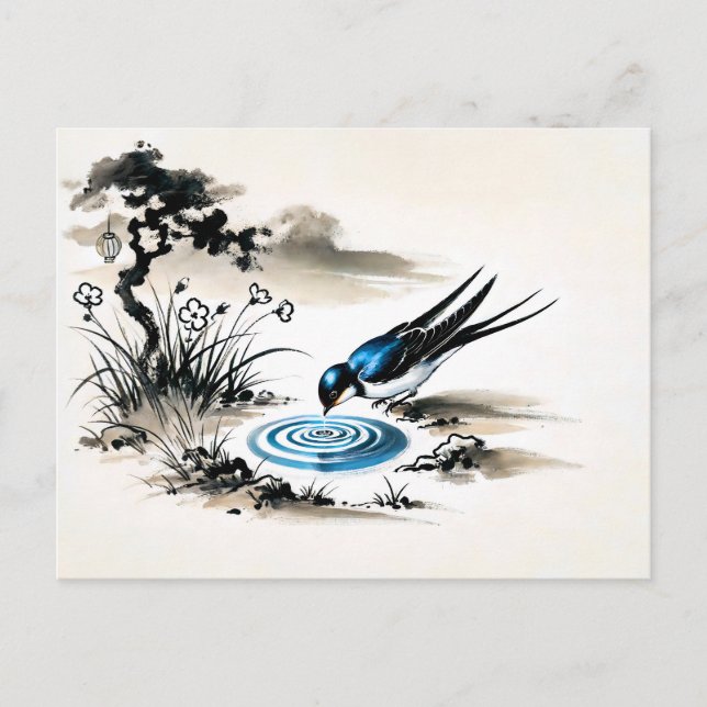 Swallow Drinking Water in a Stream in Chinese Ink  Postcard (Front)