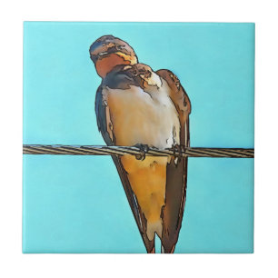 Swallow On A Wire Black Outline Art Tile