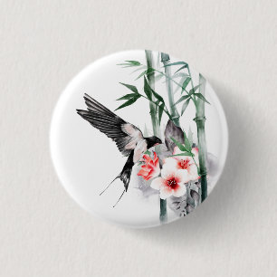 Swallow with Bamboo and flowers 3 Cm Round Badge