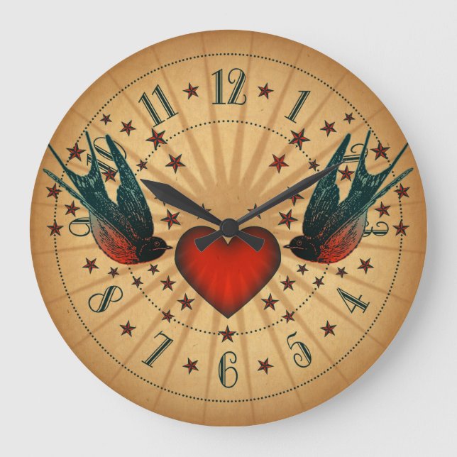 Swallows And Stars Tattoo Art Large Clock (Front)