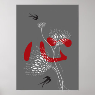 Swallows Birds Chinese Heart Oriental Kanji Floral Poster