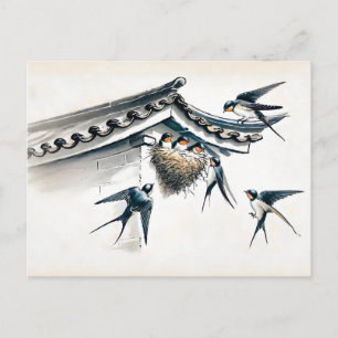 Swallows Feeding Young in Nest in Chinese Ink Pain Postcard