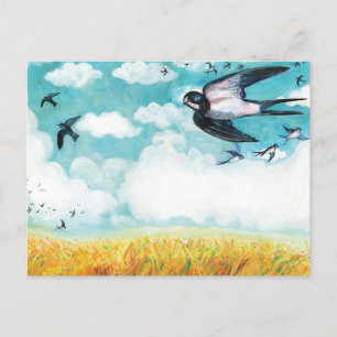 Swallows flying over a wheat field postcard