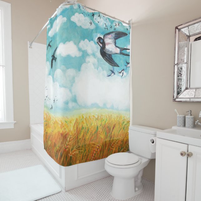 Swallows flying over a wheat field shower curtain (In Situ)