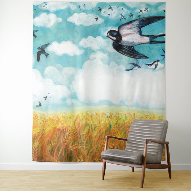 Swallows flying over a wheat field   tapestry (In Situ)