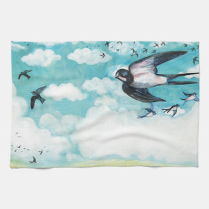 Swallows flying over a wheat field  tea towel