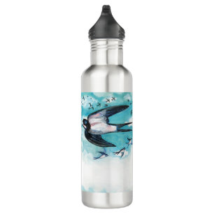 Swallows flying over cloudy blue sky 710 ml water bottle