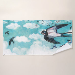 Swallows flying over cloudy blue sky bath towel