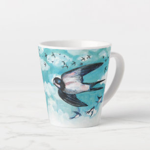 Swallows flying over cloudy blue sky latte mug