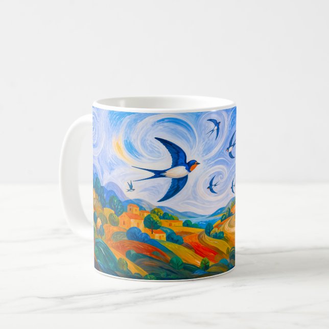 Swallows flying over flowing summer landscape coffee mug (Front Left)