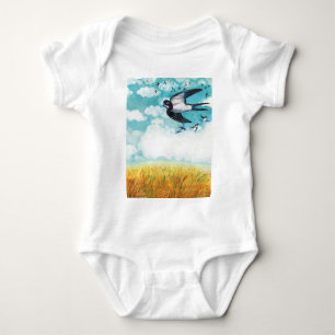 Swallows over a wheat field Illustration Baby Bodysuit