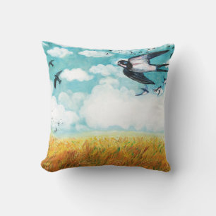 Swallows over a wheat field Illustration Cushion