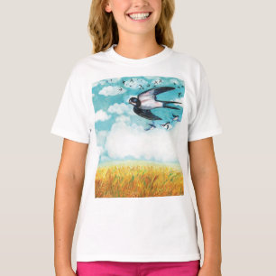 Swallows over a wheat field Illustration Girls T-Shirt