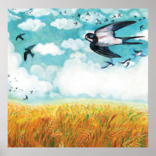 Swallows over a wheat field Illustration Poster