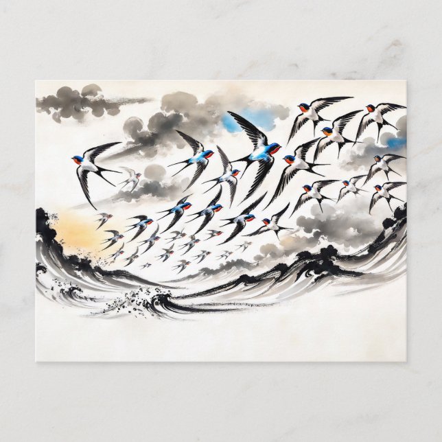 Swallows Soaring Through the Sky in Chinese Ink Pa Postcard (Front)
