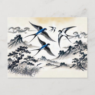 Swallows Soaring Through the Sky in Chinese Ink Pa Postcard