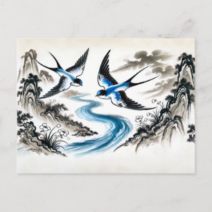 Swallows Soaring Through the Sky in Chinese Ink Postcard