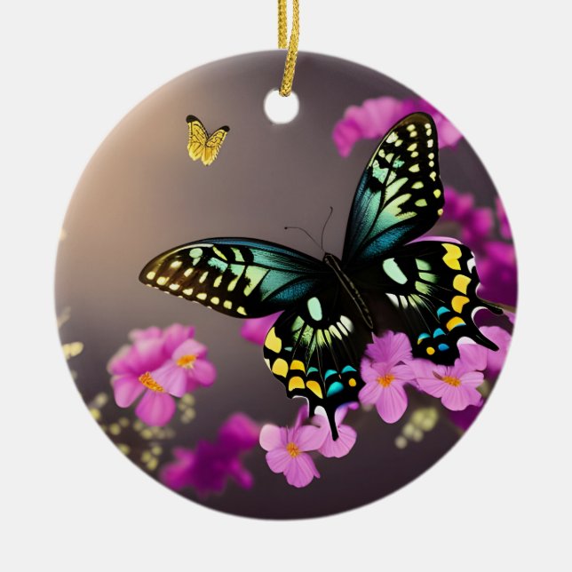 Swallowtail Butterfly and Pink Flowers Ceramic Tree Decoration (Front)