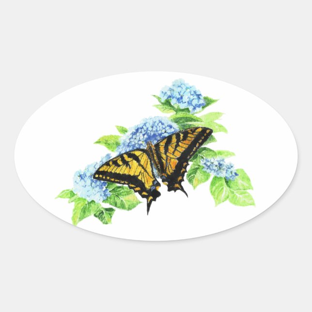 Swallowtail  Butterfly Hydrangea Flower Oval Sticker (Front)