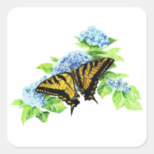 Swallowtail  Butterfly Hydrangea Flower Square Sticker